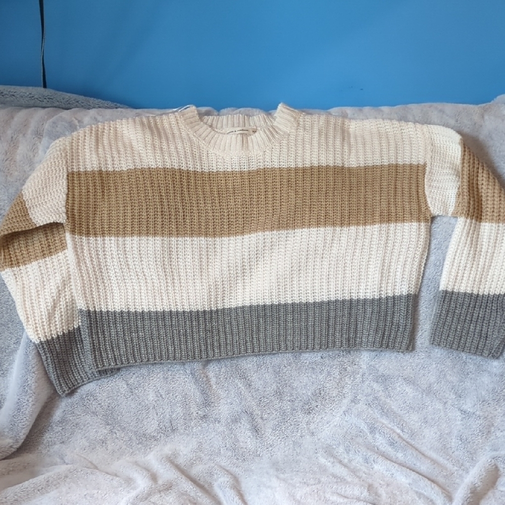 Striped Cream, Tan, and Gray Sweater